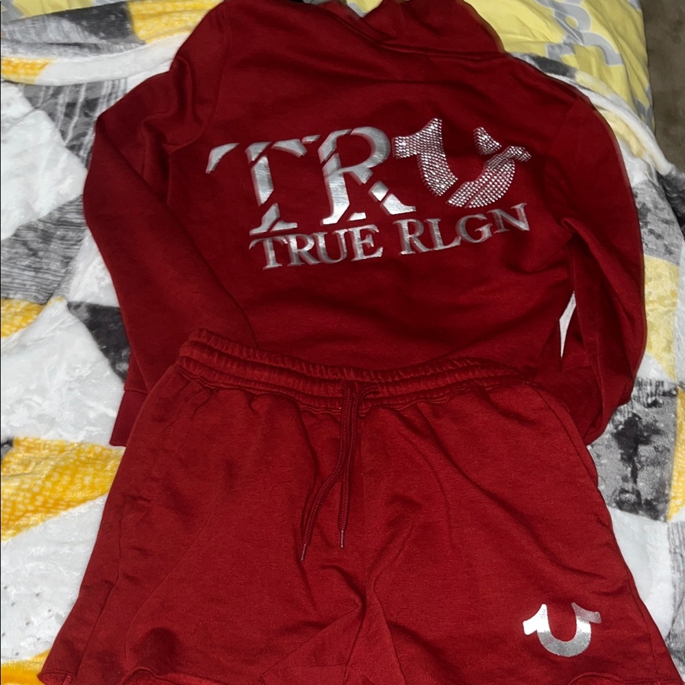 True Religion Burgundy Hoodie and Shorts Set